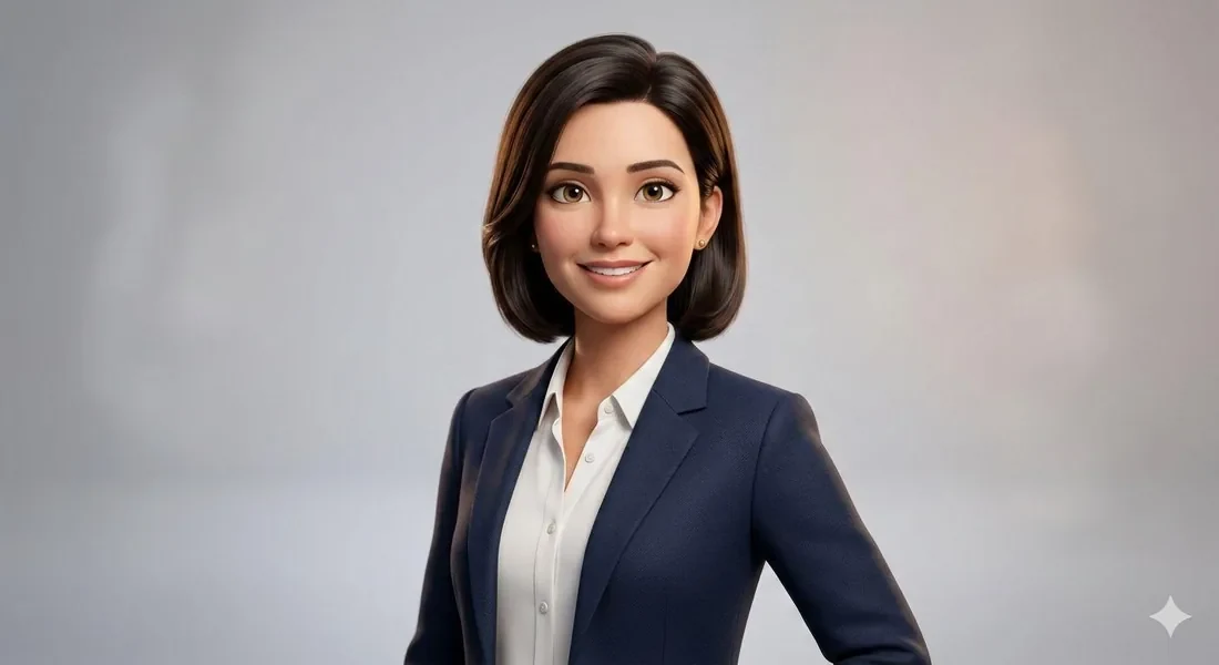 BINA's 3D avatar - a professional consultant in a navy suit