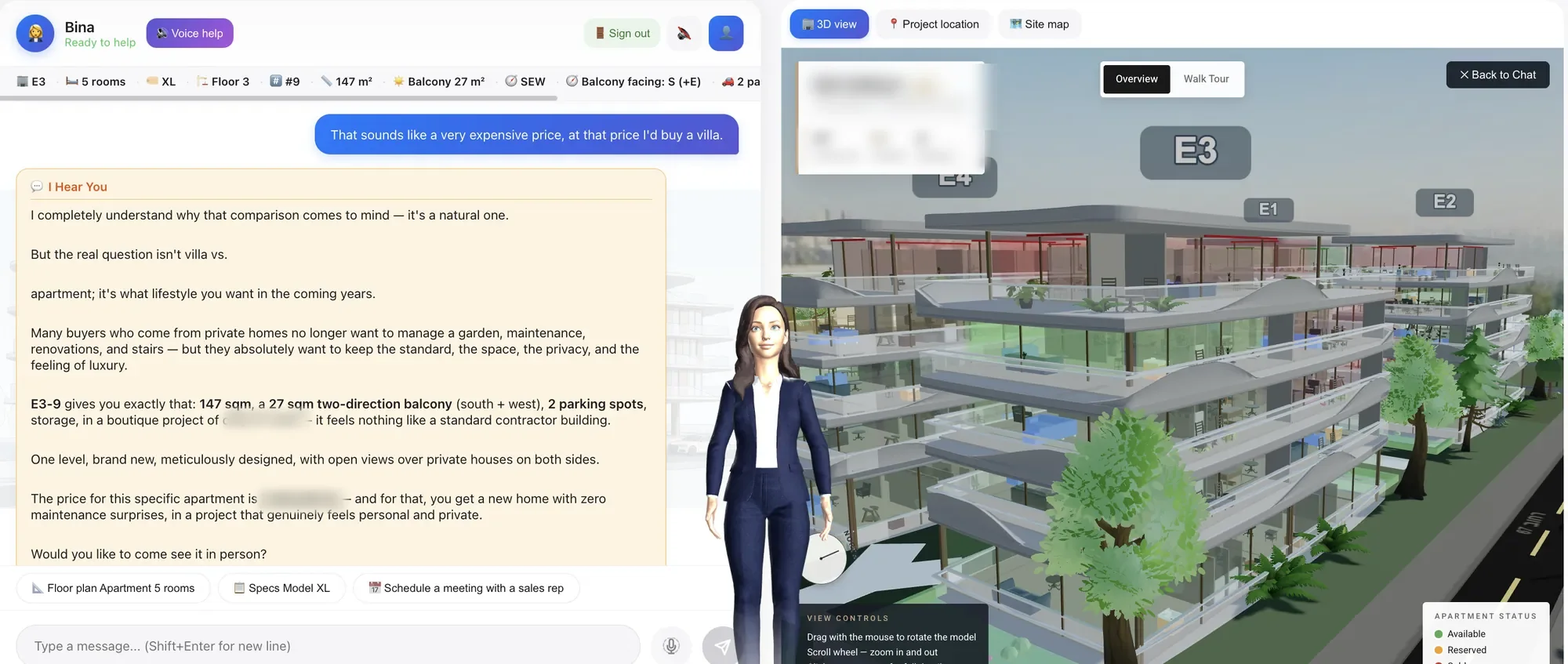 BINA handling a price objection with empathy, next to the 3D avatar and building model