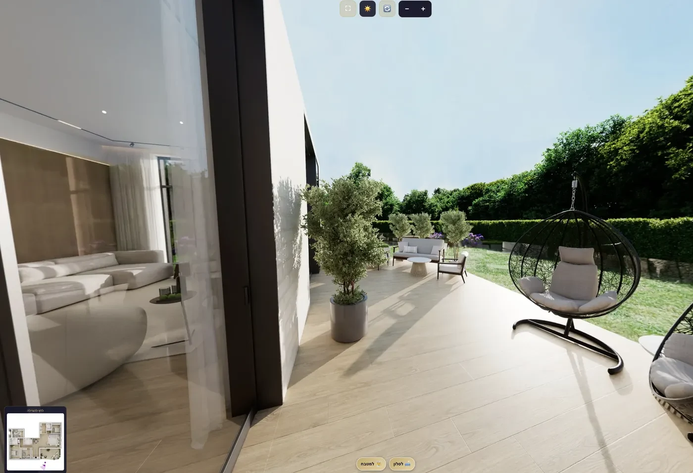 Immersive 360° tour - the private garden with a hanging chair