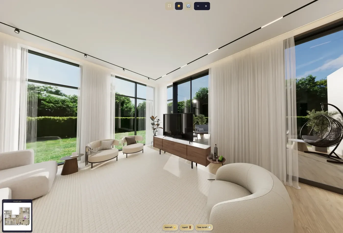 Immersive 360° tour - a bright living room opening onto a garden